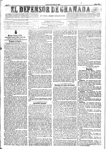 'El Defensor de Granada  : diario político independiente' - Año X Número 3281  - 1889 Julio 18