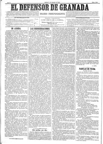 'El Defensor de Granada  : diario político independiente' - Año X Número 3295  - 1889 Agosto 01