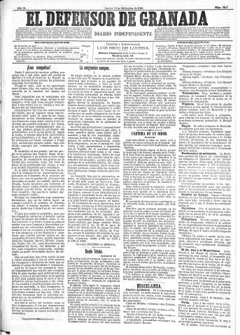 'El Defensor de Granada  : diario político independiente' - Año X Número 3347  - 1889 Septiembre 19