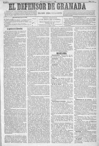 'El Defensor de Granada  : diario político independiente' - Año X Número 3360  - 1889 Octubre 02