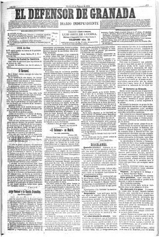 'El Defensor de Granada  : diario político independiente' - Año XI Número 3498  - 1890 Febrero 18