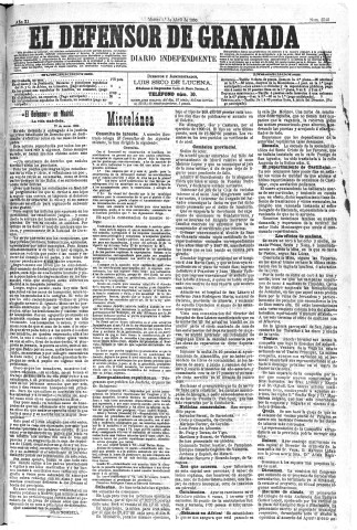 'El Defensor de Granada  : diario político independiente' - Año XI Número 3540  - 1890 Abril 01