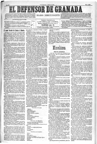 'El Defensor de Granada  : diario político independiente' - Año XI Número 3558  - 1890 Abril 20