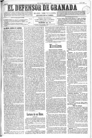'El Defensor de Granada  : diario político independiente' - Año XI Número 3568 Ed. Tarde - 1890 Abril 30