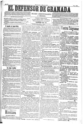 'El Defensor de Granada  : diario político independiente' - Año XI Número 3595 1ª ed. - 1890 Mayo 14