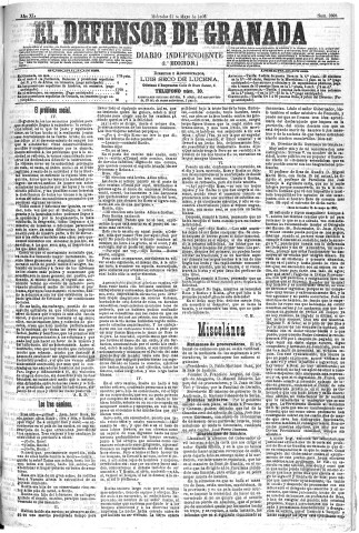 'El Defensor de Granada  : diario político independiente' - Año XI Número 3609 1ª ed. - 1890 Mayo 21
