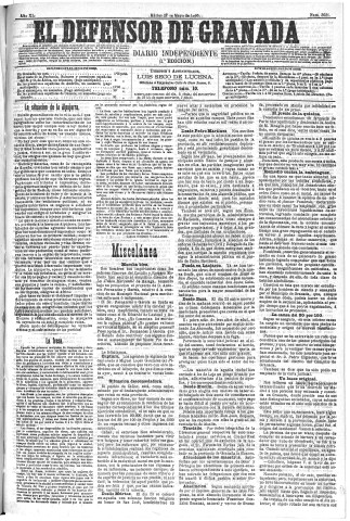 'El Defensor de Granada  : diario político independiente' - Año XI Número 3621 1ª ed. - 1890 Mayo 27