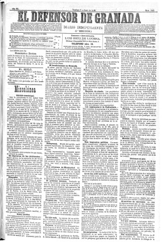'El Defensor de Granada  : diario político independiente' - Año XI Número 3643 1ª ed. - 1890 Junio 08