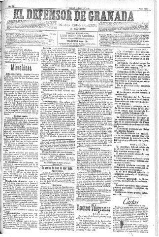 'El Defensor de Granada  : diario político independiente' - Año XI Número 3645 1ª ed. - 1890 Junio 09