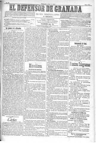 'El Defensor de Granada  : diario político independiente' - Año XI Número 3648 2ª ed. - 1890 Junio 10