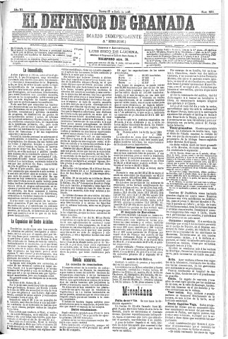 'El Defensor de Granada  : diario político independiente' - Año XI Número 3651 1ª ed. - 1890 Junio 12
