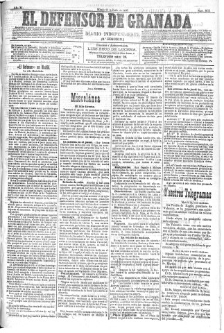 'El Defensor de Granada  : diario político independiente' - Año XI Número 3655 3ª ed. - 1890 Junio 14