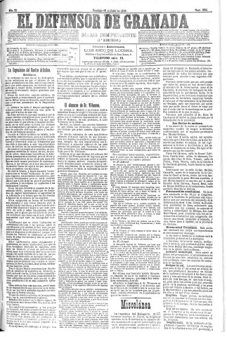 'El Defensor de Granada  : diario político independiente' - Año XI Número 3656 1ª ed. - 1890 Junio 15