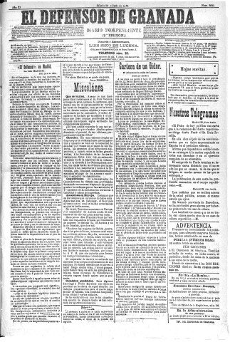 'El Defensor de Granada  : diario político independiente' - Año XI Número 3682 2ª ed. - 1890 Junio 28