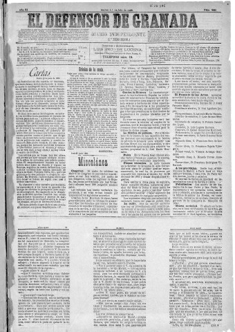 'El Defensor de Granada  : diario político independiente' - Año XI Número 3685 1ª ed. - 1890 Julio 01