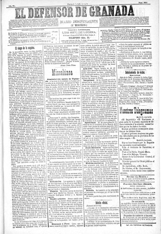 'El Defensor de Granada  : diario político independiente' - Año XI Número 3698 2ª ed. - 1890 Julio 08