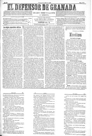 'El Defensor de Granada  : diario político independiente' - Año XI Número 3715 1ª ed. - 1890 Julio 18