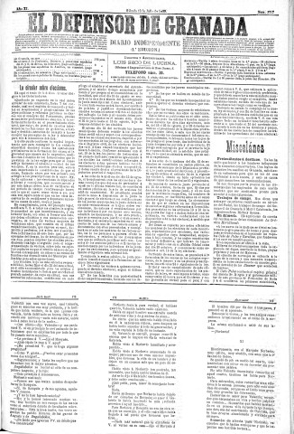 'El Defensor de Granada  : diario político independiente' - Año XI Número 3717 1ª ed. - 1890 Julio 19