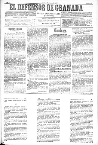 'El Defensor de Granada  : diario político independiente' - Año XI Número 3743 1ª ed. - 1890 Agosto 03