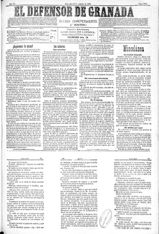'El Defensor de Granada  : diario político independiente' - Año XI Número 3759 1ª ed. - 1890 Agosto 13