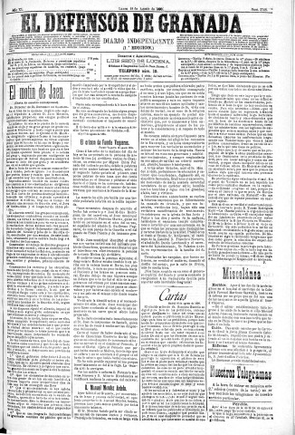 'El Defensor de Granada  : diario político independiente' - Año XI Número 3768 1ª ed. - 1890 Agosto 18