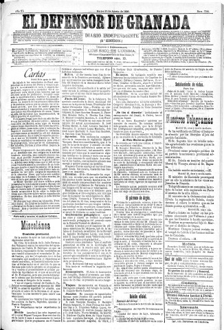 'El Defensor de Granada  : diario político independiente' - Año XI Número 3782 2ª ed. - 1890 Agosto 26