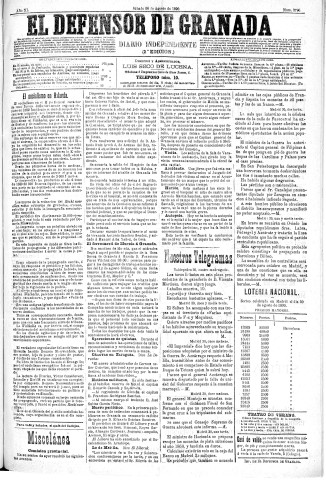 'El Defensor de Granada  : diario político independiente' - Año XI Número 3790 2ª ed. - 1890 Agosto 30