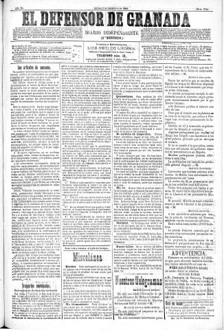 'El Defensor de Granada  : diario político independiente' - Año XI Número 3794 2ª ed. - 1890 Septiembre 02