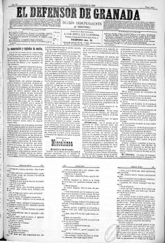 'El Defensor de Granada  : diario político independiente' - Año XI Número 3809 1ª ed. - 1890 Septiembre 11