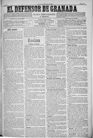 'El Defensor de Granada  : diario político independiente' - Año XI Número 3817 1ª ed. - 1890 Septiembre 16