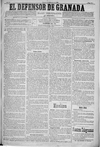 'El Defensor de Granada  : diario político independiente' - Año XI Número 3818 2ª ed. - 1890 Septiembre 16