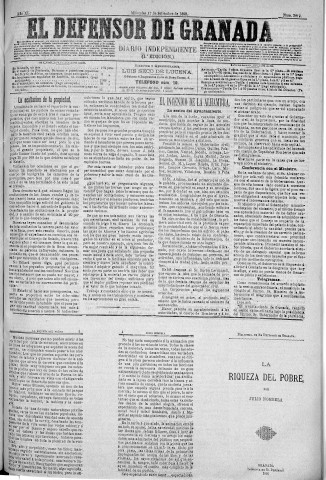 'El Defensor de Granada  : diario político independiente' - Año XI Número 3819 1ª ed. - 1890 Septiembre 17