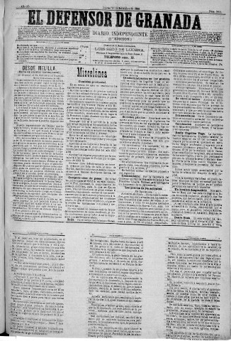 'El Defensor de Granada  : diario político independiente' - Año XI Número 3821 1ª ed. - 1890 Septiembre 18