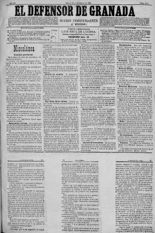 'El Defensor de Granada  : diario político independiente' - Año XI Número 3825 1ª ed. - 1890 Septiembre 20