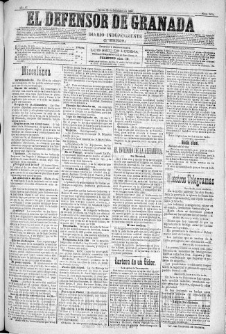'El Defensor de Granada  : diario político independiente' - Año XI Número 3834 2ª ed. - 1890 Septiembre 25