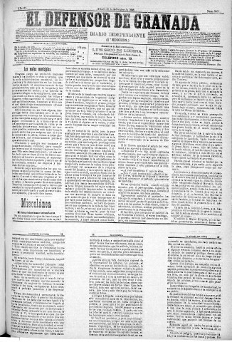 'El Defensor de Granada  : diario político independiente' - Año XI Número 3837 1ª ed. - 1890 Septiembre 27