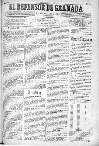 'El Defensor de Granada  : diario político independiente' - Año XI Número 3840 1ª ed. - 1890 Septiembre 29