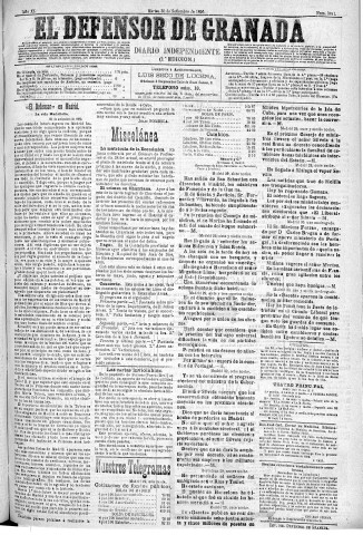'El Defensor de Granada  : diario político independiente' - Año XI Número 3841 1ª ed. - 1890 Septiembre 30