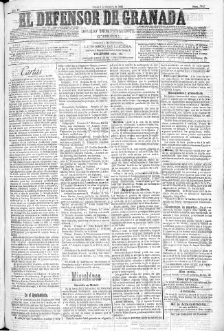 'El Defensor de Granada  : diario político independiente' - Año XI Número 3852 1ª ed. - 1890 Octubre 06