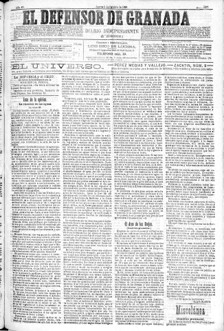 'El Defensor de Granada  : diario político independiente' - Año XI Número 3857 1ª ed. - 1890 Octubre 09