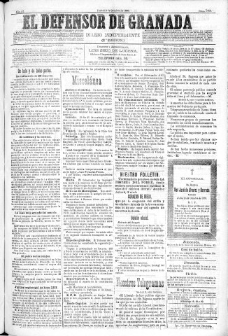 'El Defensor de Granada  : diario político independiente' - Año XI Número 3858 2ª ed. - 1890 Octubre 09