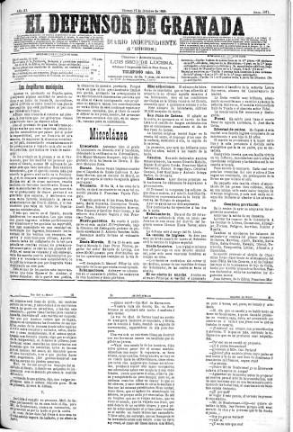 'El Defensor de Granada  : diario político independiente' - Año XI Número 3871 1ª ed. - 1890 Octubre 17