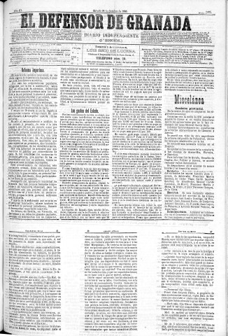 'El Defensor de Granada  : diario político independiente' - Año XI Número 3872 1ª ed. - 1890 Octubre 18
