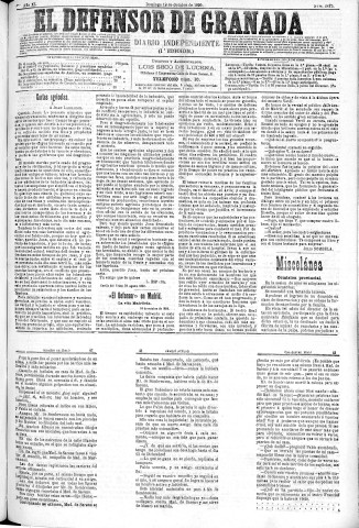 'El Defensor de Granada  : diario político independiente' - Año XI Número 3875 1ª ed. - 1890 Octubre 19