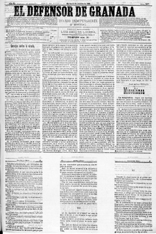 'El Defensor de Granada  : diario político independiente' - Año XI Número 3877 1ª ed. - 1890 Octubre 21