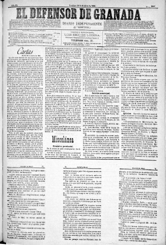 'El Defensor de Granada  : diario político independiente' - Año XI Número 3887 1ª ed. - 1890 Octubre 26