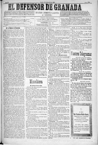 'El Defensor de Granada  : diario político independiente' - Año XI Número 3888 1ª ed. - 1890 Octubre 27