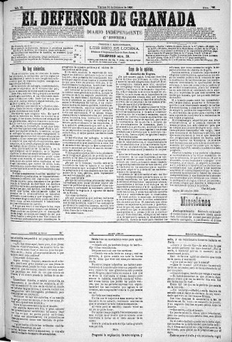 'El Defensor de Granada  : diario político independiente' - Año XI Número 3895 1ª ed. - 1890 Octubre 31