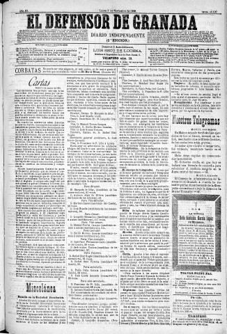 'El Defensor de Granada  : diario político independiente' - Año XI Número 3900 2ª ed. - 1890 Noviembre 03