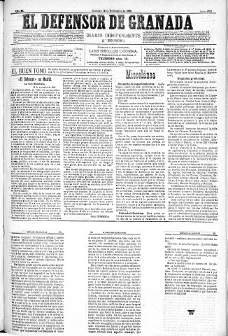 'El Defensor de Granada  : diario político independiente' - Año XI Número 3923 1ª ed. - 1890 Noviembre 16